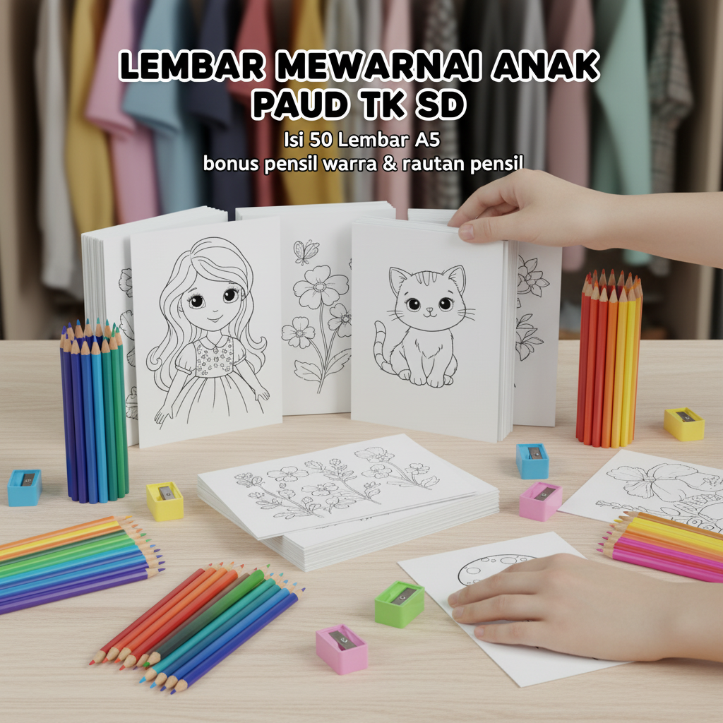 Paket Lembar Mewarnai Anak TK 50 Lembar Bonus Pensil Warna dan Rautan - Gambar 3