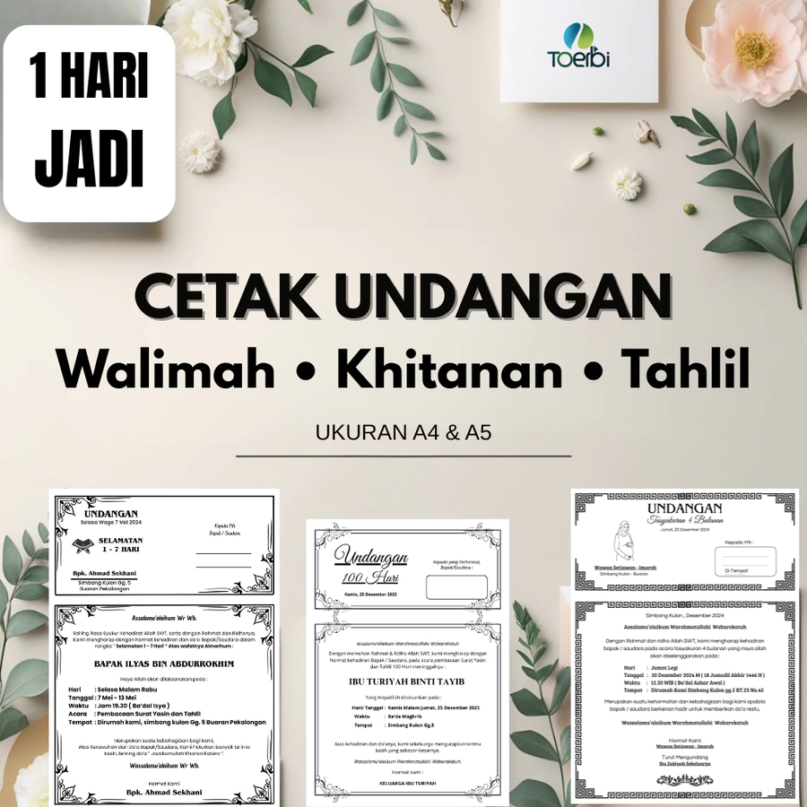 Jasa Cetak Undangan Walimatul Ursy Tahlilan Khitanan A4 HVS Hitam Putih Sehari Jadi