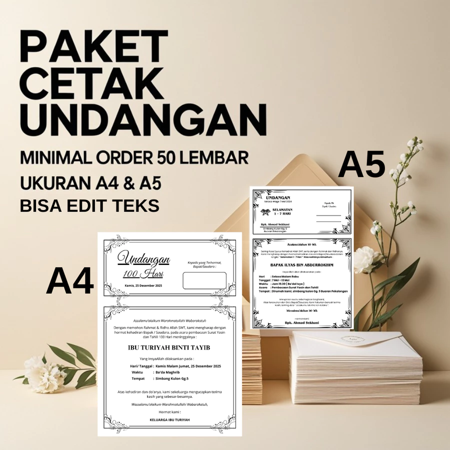 Jasa Cetak Undangan Walimatul Ursy Tahlilan Khitanan A4 HVS Hitam Putih Sehari Jadi - Gambar 2