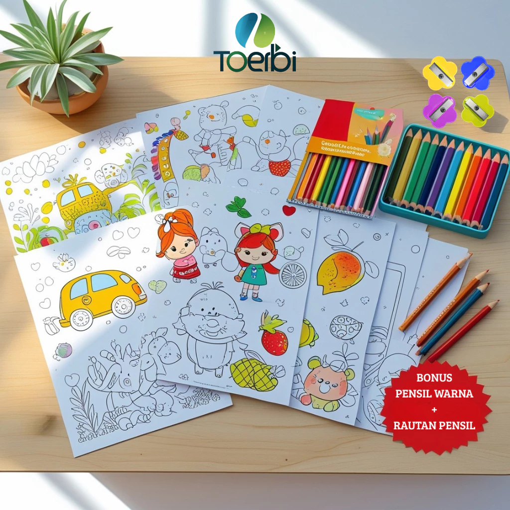 Paket Lembar Mewarnai Anak TK 50 Lembar Bonus Pensil Warna dan Rautan