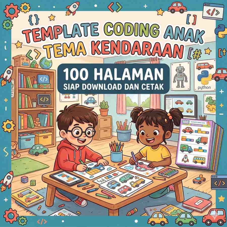 Template Coding Anak Tema Kendaraan 100 Halaman Aktivitas Logika dan Mewarnai Siap Cetak